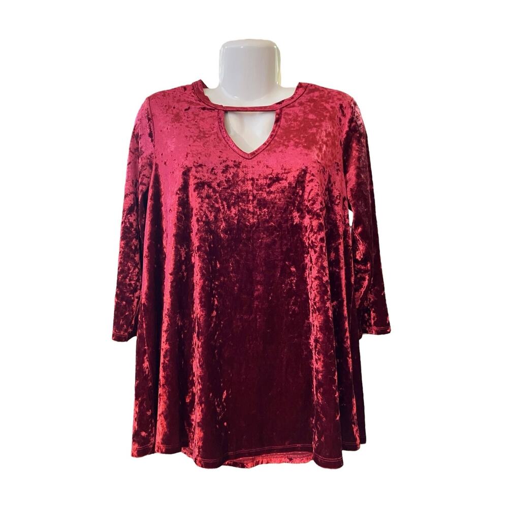 Bobeau Women's Burgundy Crushed Velvet 3/4 Sleeve Keyhole Neck Blouse | Size XL